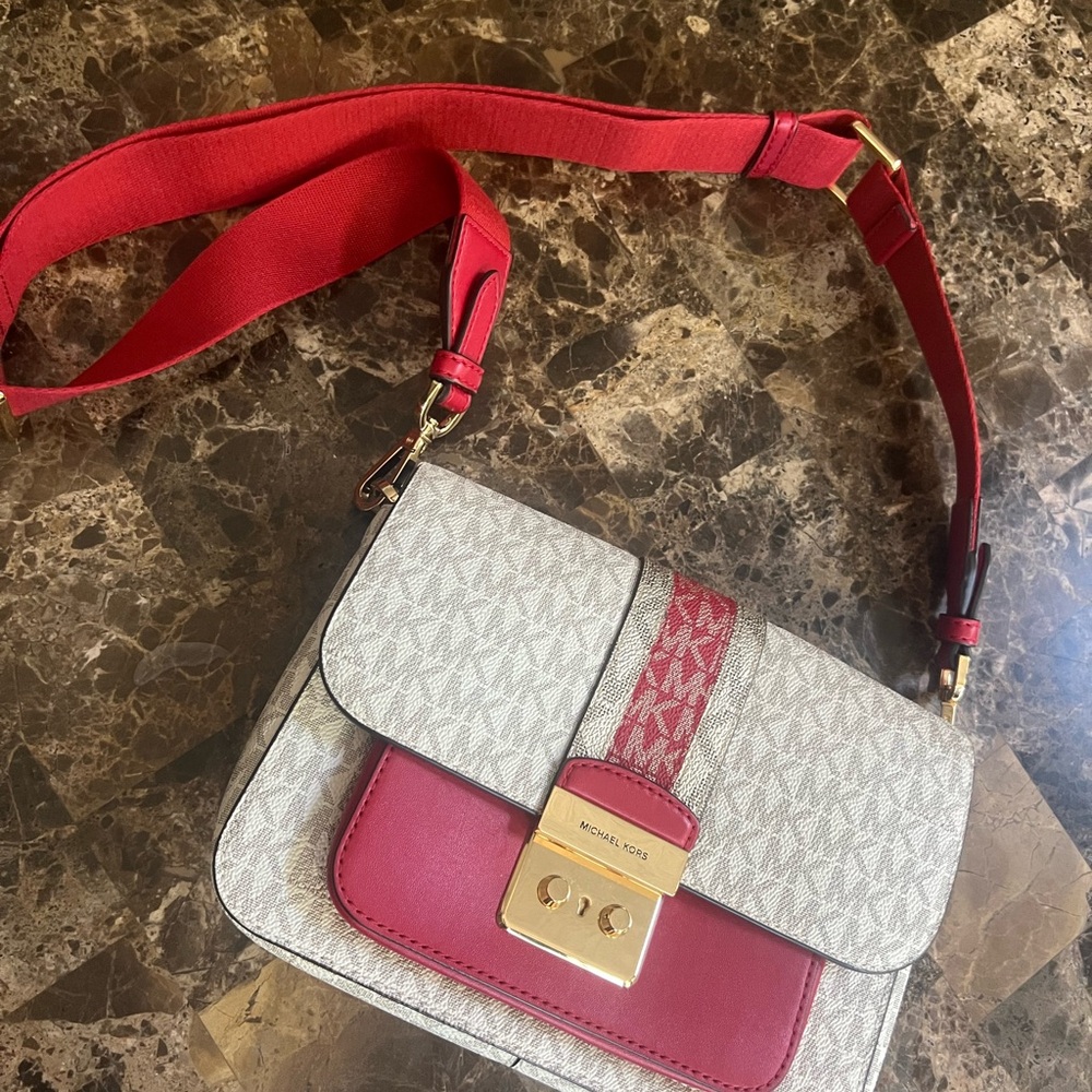 Michael Kors Red and Cream Crossbody Bag with Gold Accents